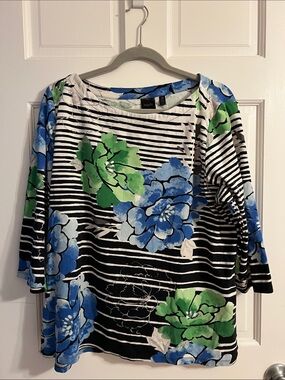 Rafaella Striped Floral Boatneck Top in Blue and Green